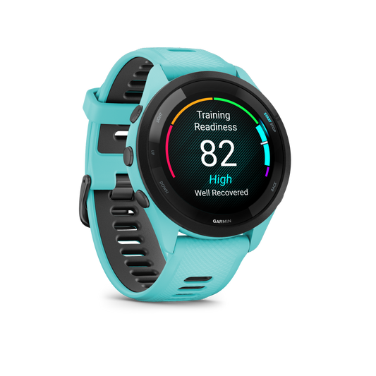 Forerunner® 265, Black Bezel with Aqua Case and Aqua/Black Silicone Band