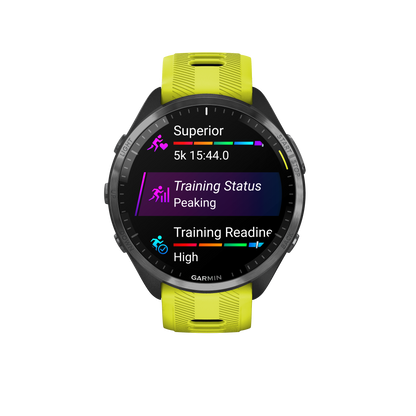 Forerunner® 965, Carbon Gray DLC Titanium Bezel with Black Case and Amp Yellow/Black Silicone Band