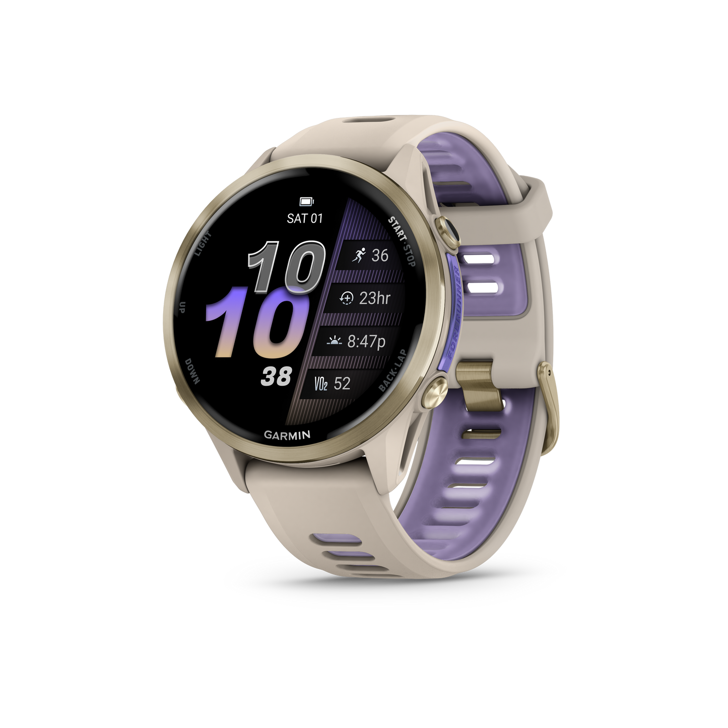 Forerunner® 970, Soft Gold Titanium with French Gray Case and French Gray/Translucent Indigo Band