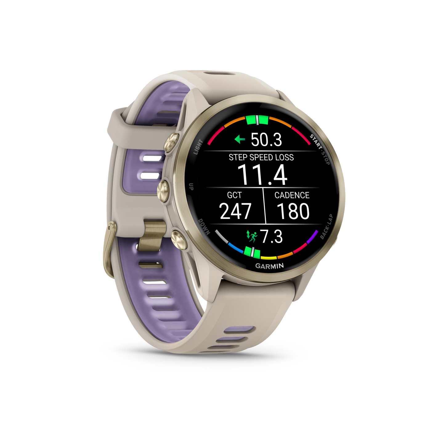 Forerunner® 970, Soft Gold Titanium with French Gray Case and French Gray/Translucent Indigo Band