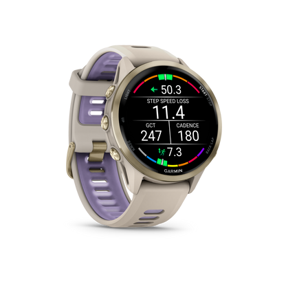 Forerunner® 970, Soft Gold Titanium with French Gray Case and French Gray/Translucent Indigo Band