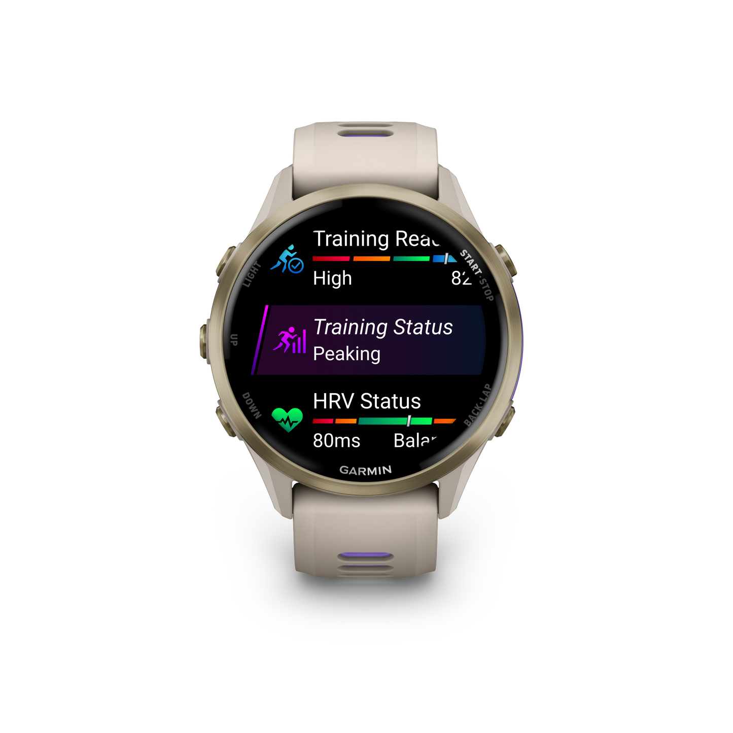 Forerunner® 970, Soft Gold Titanium with French Gray Case and French Gray/Translucent Indigo Band