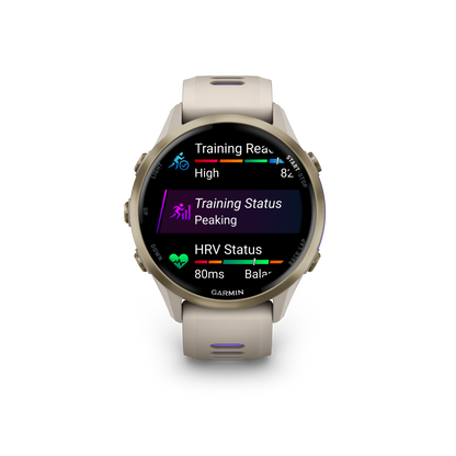 Forerunner® 970, Soft Gold Titanium with French Gray Case and French Gray/Translucent Indigo Band