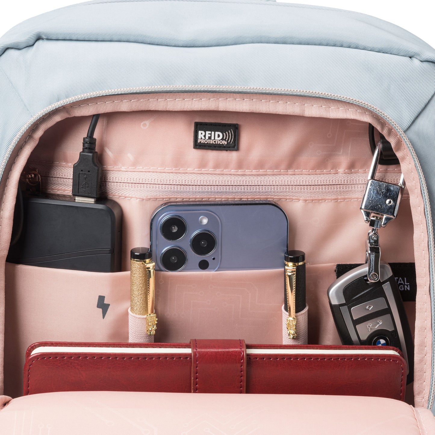 KATY ROSE Teal Blue Backpack with Built-in SDD Finder